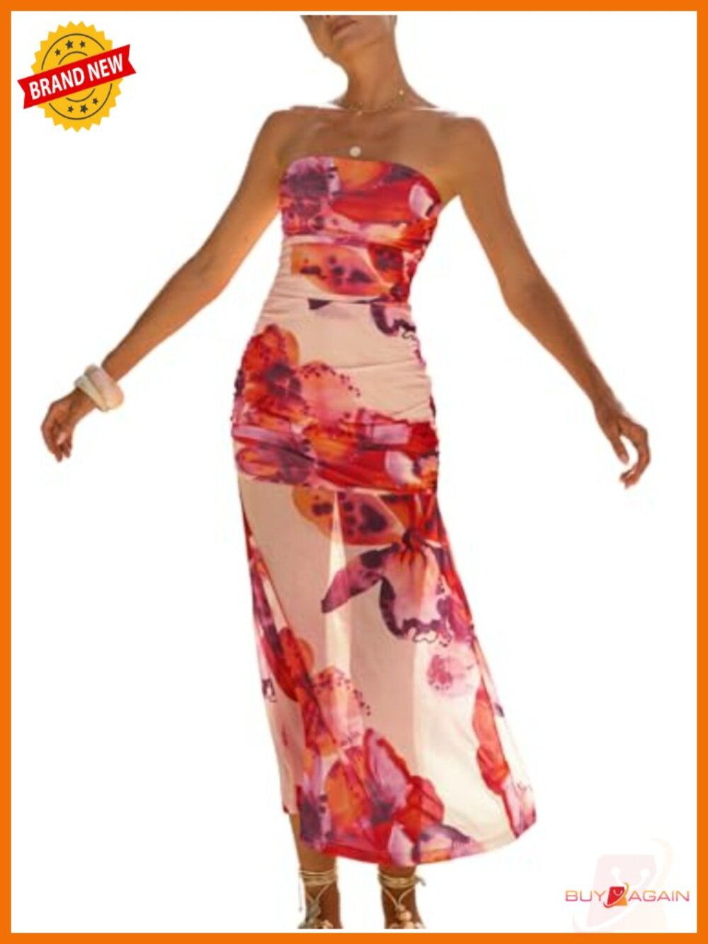 Boho Floral Strapless Ruched Bodycon Midi Dress Polyester Spandex Beach Summer